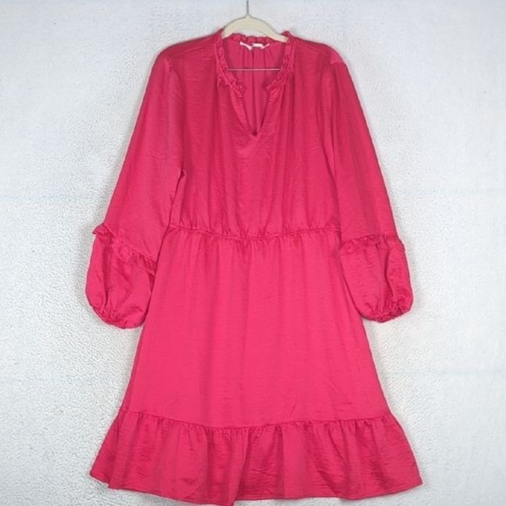 Blush Women's Pink Fuchsia Satin Slit Neck Tieredβ Dress Size XL